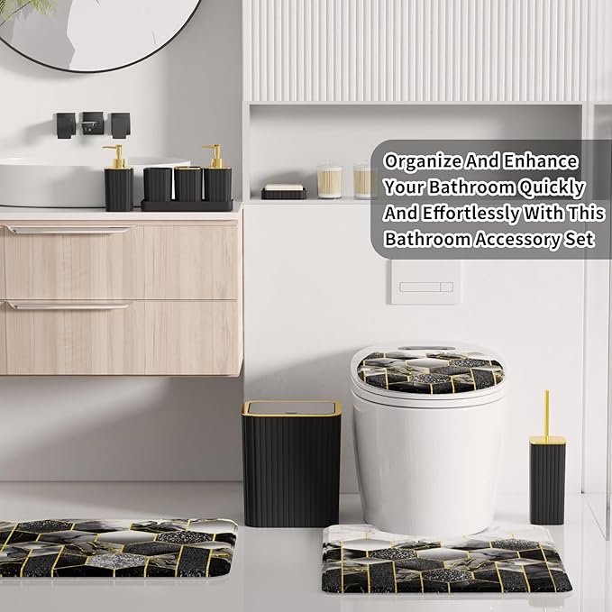 XLHOMO Bathroom Set - 26PC Bathroom Set with Shower Curtain and Rugs, Bathroom Accessory Set, Black Bathroom Accessories Set, Trash Can & Soap Dispenser