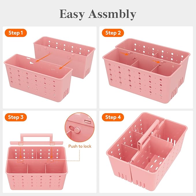 Lifewit Shower Caddy Portable, Cleaning Supplies Caddy Organizer with Handle and Adjustable Dividers, Plastic Shower Basket for Dorm Room Essentials, College, Bathroom, Pink, 1 Pack