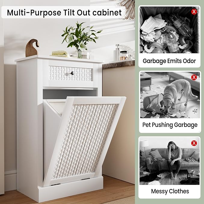 Tilt Out Laundry Hamper Cabinet, Rattan-Style Laundry Room Organization with Removable Laundry Basket, Hidden Wood Dirty Clothes Hamper with Drawer, 21.6" L x 13" W x 35.8" H, White