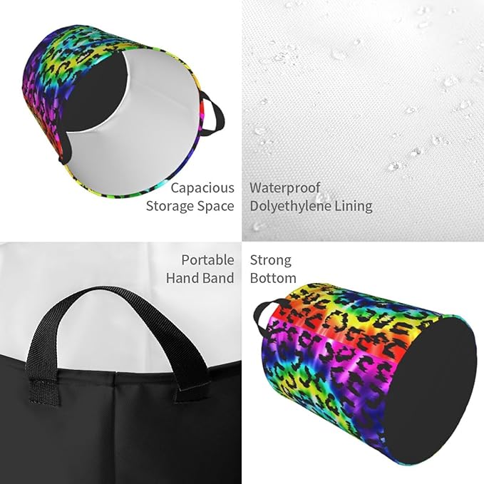 Leopard Round Laundry Hamper Rainbow Tie Dye Storage Basket Toys Clothes Organizer Bin For Home Bathroom Bedroom Dorm Nursery, 38l