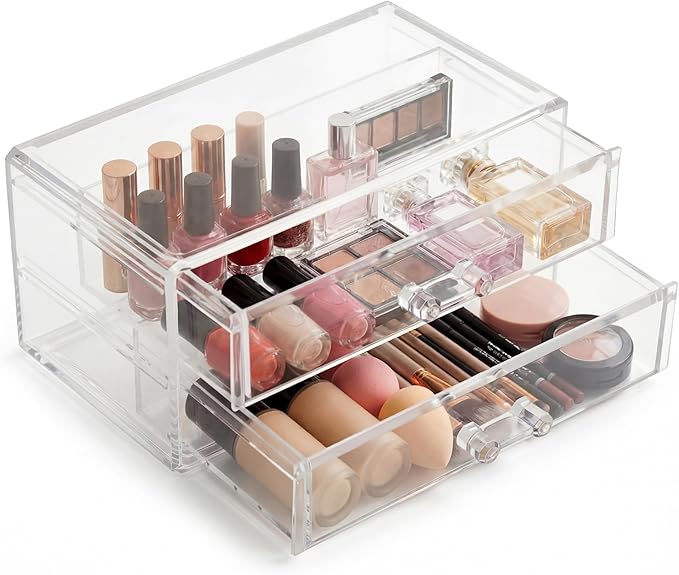 Acrylic Makeup Organizer 2 Drawer Transparent Makeup Storage Box with DIY Flower Nails Tips Jewelry Cosmetic Organizer Dustproof Drawer for Bedroom, Bathroom, Countertop Dresser 7.5 x 4.72 x 3.9 Inch