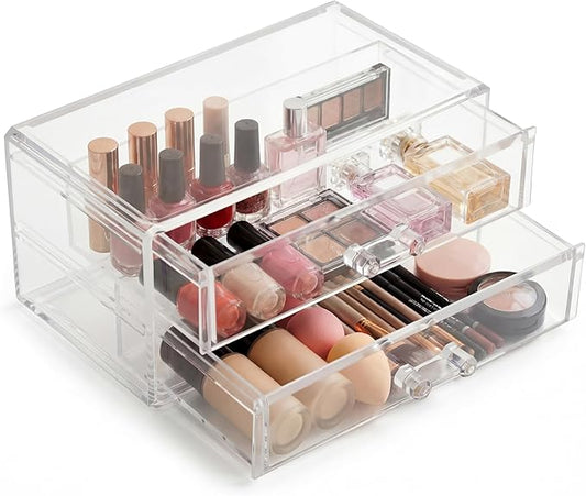 Acrylic Makeup Organizer 2 Drawer Transparent Makeup Storage Box with DIY Flower Nails Tips Jewelry Cosmetic Organizer Dustproof Drawer for Bedroom, Bathroom, Countertop Dresser 7.5 x 4.72 x 3.9 Inch