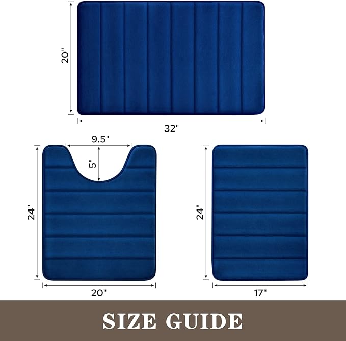 BYSURE Navy Blue Memory Foam Bathroom Rug Set 3 Piece, Non Slip Extra Soft Absorbent Bath Mats, Machine Washable & Dry Toilet Mat Sets for Bathroom Floor