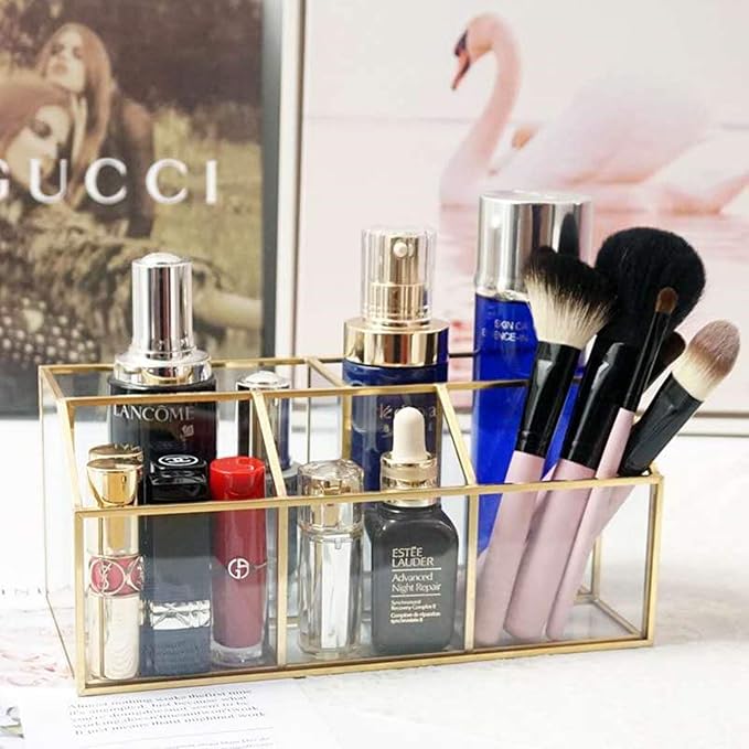 Yamfurvo Makeup Organizer Handmade Vintage Brass Frame Makeup Brush Holder Glass Makeup Brushes Storage Cosmetic Organizer Makeup Vanity Decoration Jewelry Box,(3+2) Segments