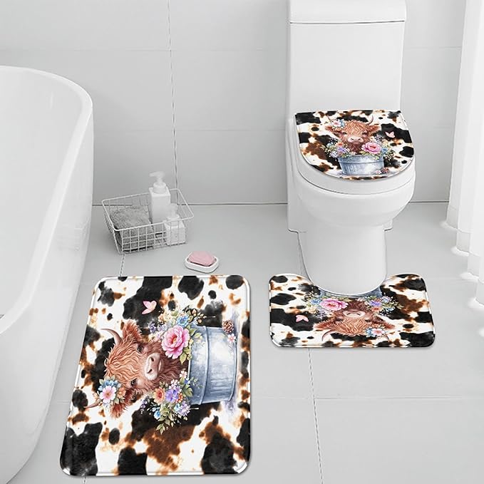 Pamnest 4 Pcs Shower Curtain Sets, Highland Cow Calf Retro Waterproof Bathroom Sets with Non-Slip Rugs, Toilet Lid Cover and Bath Mat, 12 Hooks, Accessories Modern Home Bathroom Decor 72" X 72"