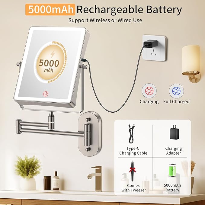 FUNTOUCH 5000mAh Rechargeable Wall Mounted Makeup Mirror with Lights, 8.7" Double Sided 1X/30X Magnifying Mirror with Dimmable 3 Color Light, Extended Swing Arm 360° Wall Mount Bathroom Vanity Mirror