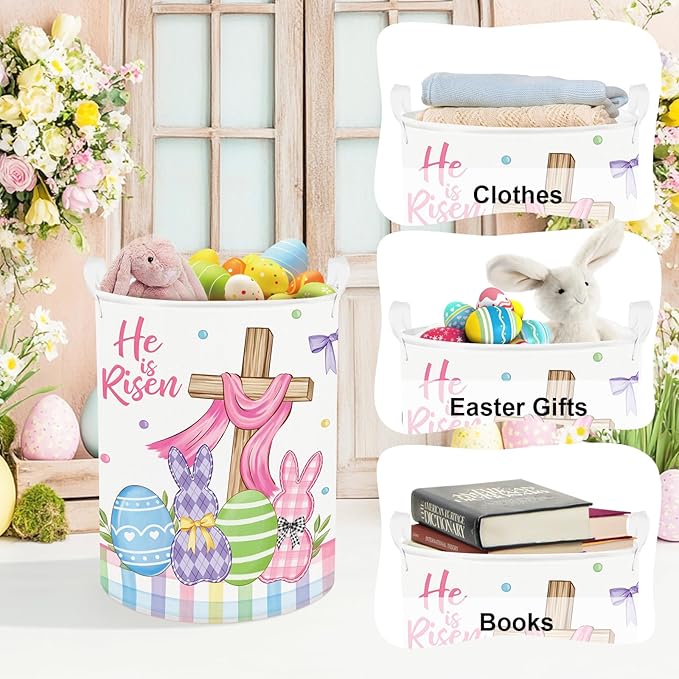 Clastyle Easter Rabbit Cross Kid Storage Basket Baby Laundry Hamper Boy Girl Gift Toy Box Collapsible Egg Clothes Organizer Nursery Bin for Bedroom,36x45 cm