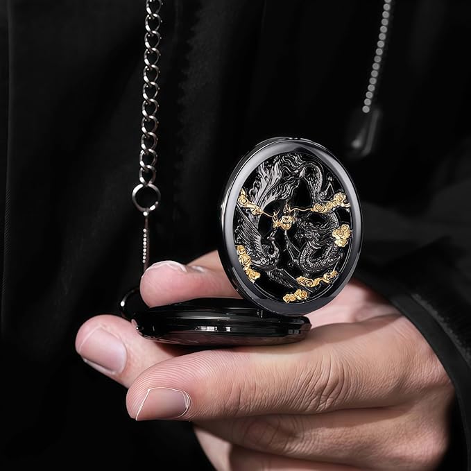 ManChDa Scrying Mirror Black Obsidian Mirror Lucky Dragon & Phoenix Pocket Watch Shell Witchcraft Kit Wiccan Supplies and Tools Witchy Gifts, Black Gold