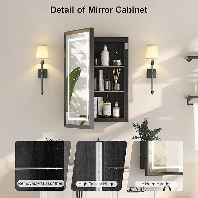 Recessed LED Medicine Cabinet with Lights,Beveled Aluminum Frame, 20x30 Black Bathroom Lighted Medicine Cabinet with Mirror, 3-Light Color Dimmable, with Adjustable Glass,Assembly Required