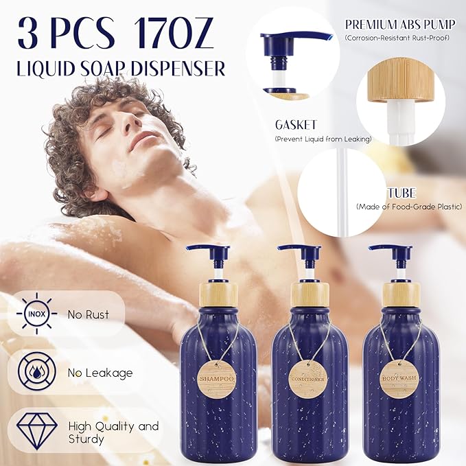 XLHOMO 32PCS Bathroom Sets with Shower Curtain and Rugs Navy Blue Shower Curtain Set 3PCS Soap Dispenser Bathroom Accessories with Bathroom Trash Can