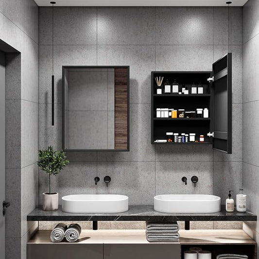 H & A Medicine Cabinet Bathroom Mirror, 28''x22'' Farmhouse Wood Frame Bathroom Medicine Cabinet with Mirror, Vanity Mirrors Recess or Surface Mounted Installation (Black-28x22'')