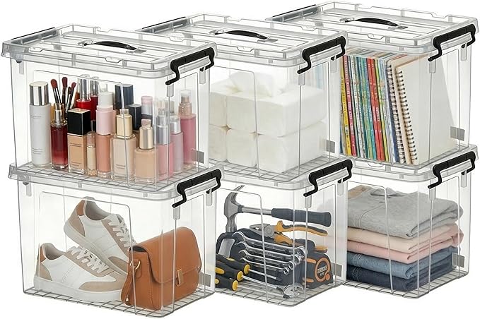 6 Pack 60 Qt Clear Storage Bins with Lids, Stackable Plastic Organizer for Home, Office, Garage, BPA-Free, Heavy-Duty, See-Through Containers with Secure Latches & Handles