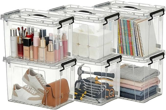6 Pack 60 Qt Clear Storage Bins with Lids, Stackable Plastic Organizer for Home, Office, Garage, BPA-Free, Heavy-Duty, See-Through Containers with Secure Latches & Handles