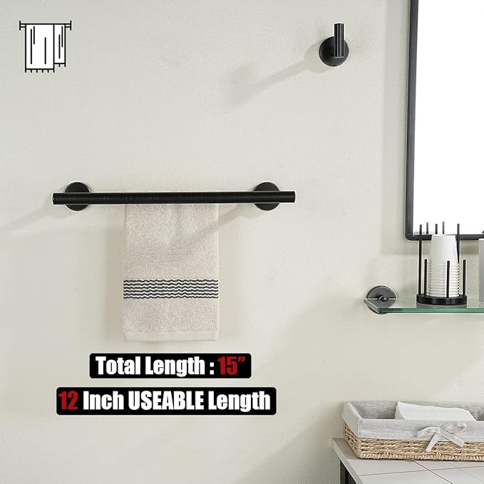 JQK Double Towel Bar Oil Rubbed Bronze, 15 Inch 304 Stainless Steel Thicken 0.8mm Towel Rack Holder for Bathroom Washcloths and Hand Towels, ORB Wall Mount, Useable Length 12 Inch, TB100L12-ORB