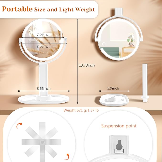 vpu Vanity Makeup Mirror with Lights, 10X/1X Double Sided Magnifying Light up Desk Mirror with Stand Cosmetic Organizer, 3 Color Brightness Adjustable 360° Rotation Detachable for Travel