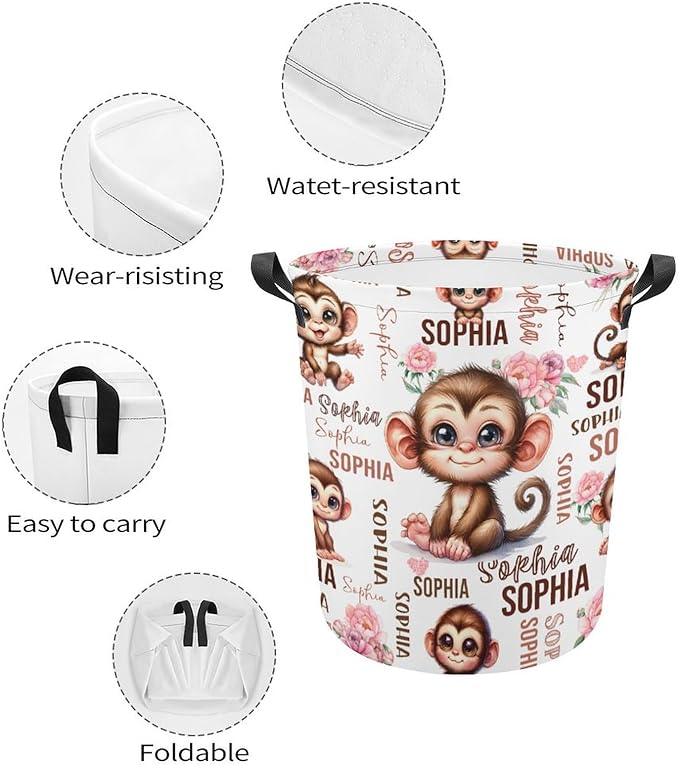 Custom Monkey Laundry Baskets, Personalized Monkey Gifts, Collapsible Laundry Hamper with Name for Kids Adults Home Decoration