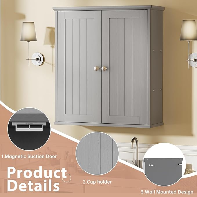 Walsunny Bathroom Medicine Cabinet Wall Mount with 2 Doors and 2 Shelves, Small Bathroom Cabinet Wooden Storage Cabinet Over Toilet Restroom Laundry Room Kitchen, Grey