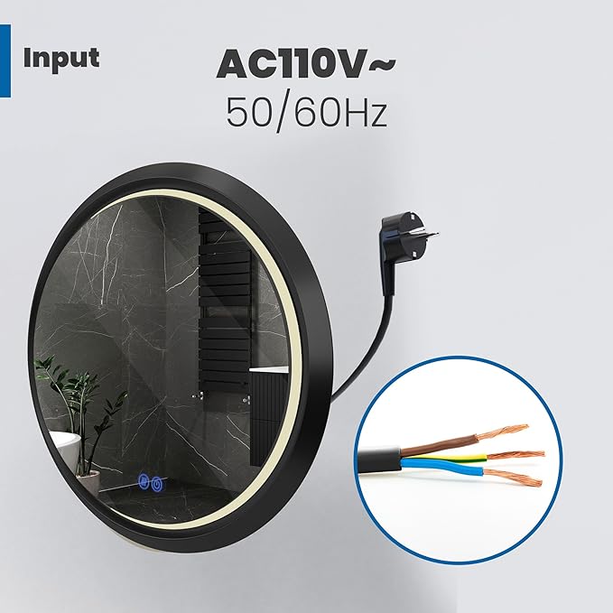 36 Inch Round LED Mirror for Bathroom, Black Metal Frame Lighted Vanity Mirror with 3 Color Modes, Touch Dimmer - Anti-Fog Wall Mounted Circle Mirror with Lights - Fab Glass and Mirror
