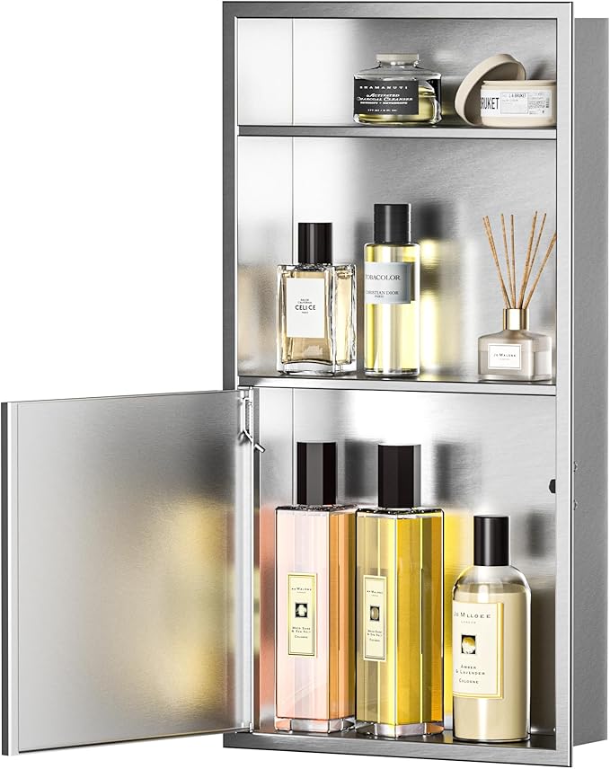 Recessed Medicine Cabinet with Door 24" X 12" Brushed Wall Medicine Cabinets with 3-Tier Shelf 304 Stainless Steel Niche Shower for Bathroom Storage