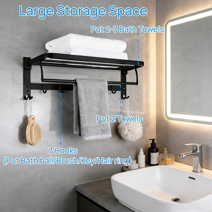24" Double Towel Rack with 7 Hooks, SUS304 Stainless Steel Towel Bar Towel Rack with Shelf, 90° Foldable Towel Holder, for Bathroom Wall Mounted. (Matte Black)