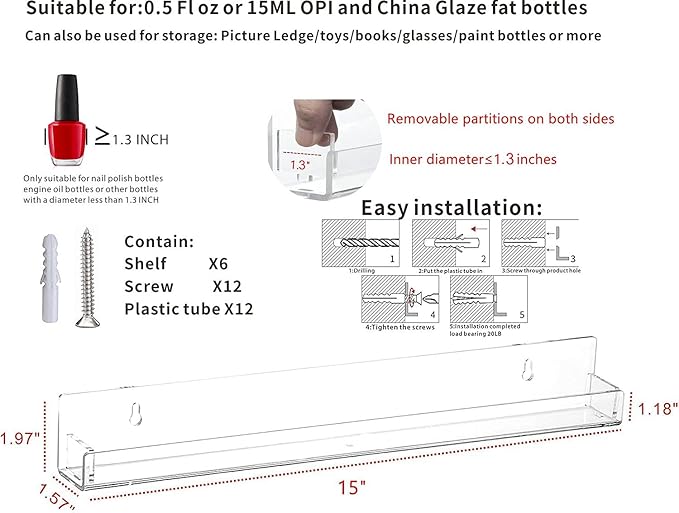 Cq acrylic Nail Shelves for Nail Polish,15 Inch 6 Pack Hanging Clear Nail Polish Wall Organizer for Nail Salon Wall Essential Oil Shelf,Gel Fingernail Polish Holder and Tattoo Studio Decor Paint