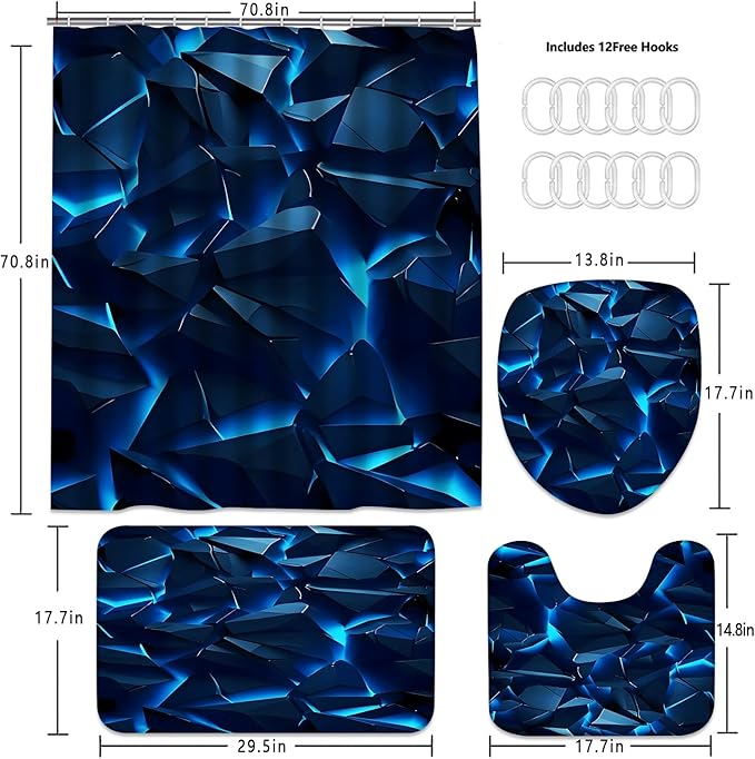 Yizheer 4Pcs Blue Geometry Rock Modern Shower Curtain Set with 12 Rustproof Hooks Bath Mat Toilet Cover U Shaped Mat- PEVA Material, 72x72 Inches, Bathroom Shower Curtain for Bathtub (Blue Rock)