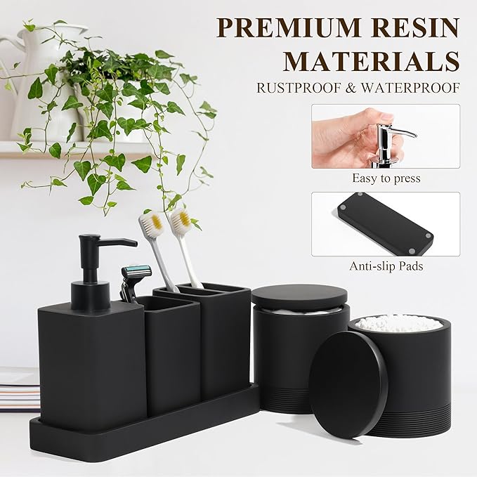YMXYJM Bathroom Accessories Set, 6 Piece Bathroom Set with Toothbrush Holders, Soap Dispenser, Vanity Tray, Tumbler, Cotton Swab Jars, Bathroom Organizer，Bathroom Sink Sets, Matte Black