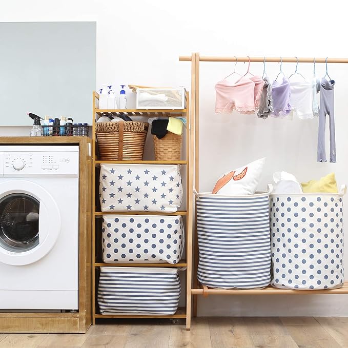 Sea Team 2-Pack 19.7 Inches Large Sized Waterproof Coating Ramie Cotton Fabric Folding Laundry Hamper Bucket Cylindric Burlap Canvas Storage Basket (19.7", Navy Blue & White Stripe)