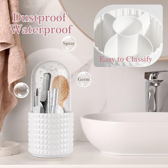 Makeup Brush Holder with Lid 360 Degree Rotating Makeup Storage Organizer Dustproof Cosmetics Organizer for Vanity and Bathroom Countertop