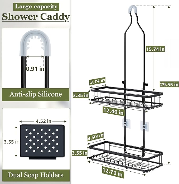 Skyapex Shower Caddy Hanging: Adjustable Height Organizer for Over Showerhead - Black Rustproof Shower Shelves with Hooks & 2 Soap Holders