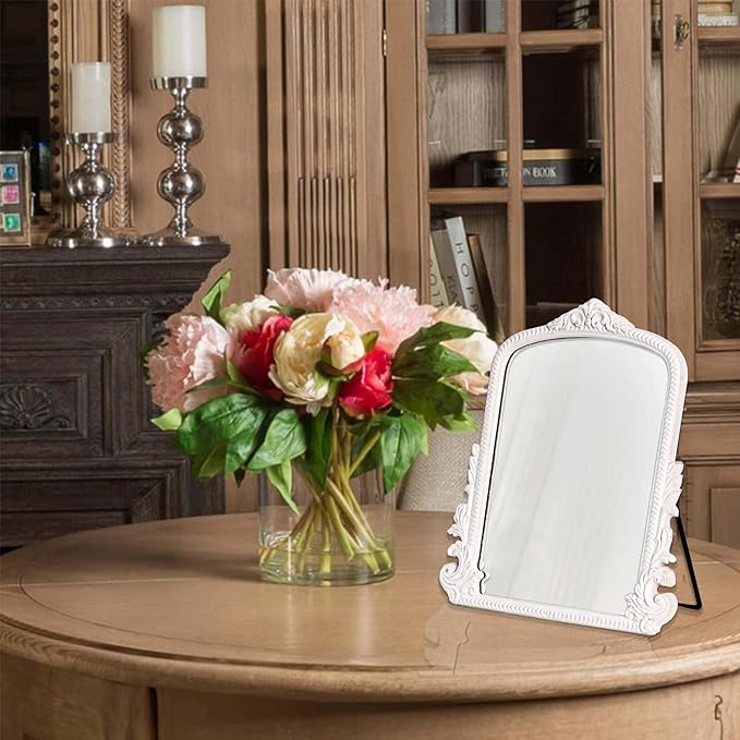 HSDDHOME 11.8" x 9.6" Small White Arched Vanity Mirror, Vintage Makeup Mirror Baroque Style Arendahl Carved Mirror with Frame for Desk Decorative Table Aesthetic for Dresser,Bedroom,Living-Room