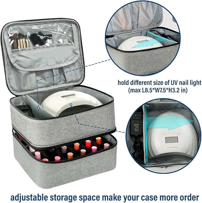 Nail Polish Organizer Bag, Double-Layer Nail Supplies Organizer Holds 30 Bottles & Nail Lamp, Professional Nail Kit Storage Carrying Case (Gray)