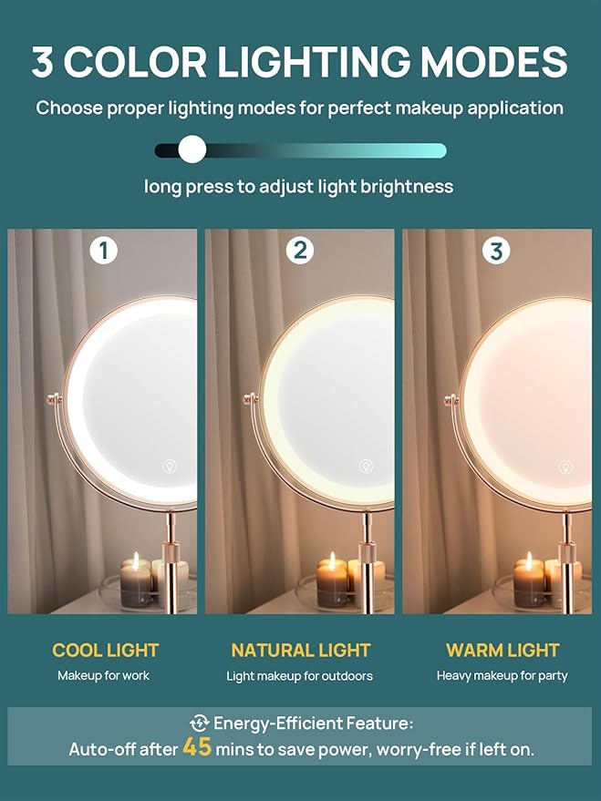 OMIRO 8.5 Inches Lighted Makeup Mirror with 3X/10X Magnifications, Double Sided Swivel Vanity Mirror with Height-Adjustable Stand (Rose Gold)