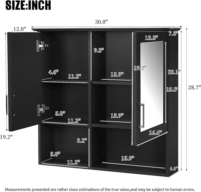 Bathroom Mirror Cabinet, 30 inch Wall Mounted with Adjustable Shelves & Soft Close Doors, High-Define Mirror with Storage