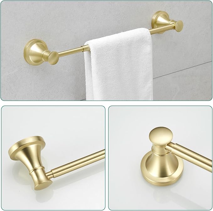 Hoimpro Brushed Gold 4-Piece Bathroom Bath Set, Wall Mount Bathroom Hardware Fixture (Adjustable Towel Bar Rack, Towel Ring Holder, Paper Towel Holder, Double Towel Hook), Bathroom Accessories