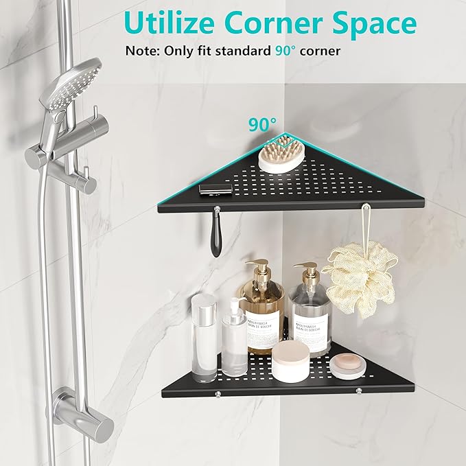 Qeke 10" Bathroom Corner Shelf, 2 Pack Recessed Shower Shelf Caddy, SUS304 Stainless Steel Shelf Wall Mount Triangular, No Drilling Matte Black
