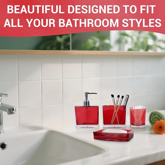 4-Piece Bold Red Acrylic Bathroom Accessories Set — Soap Dispenser, Toothbrush Holder, Soap Dish & Mouthwash Cup, Vanity Countertop Organizer for Red Bathroom Decor