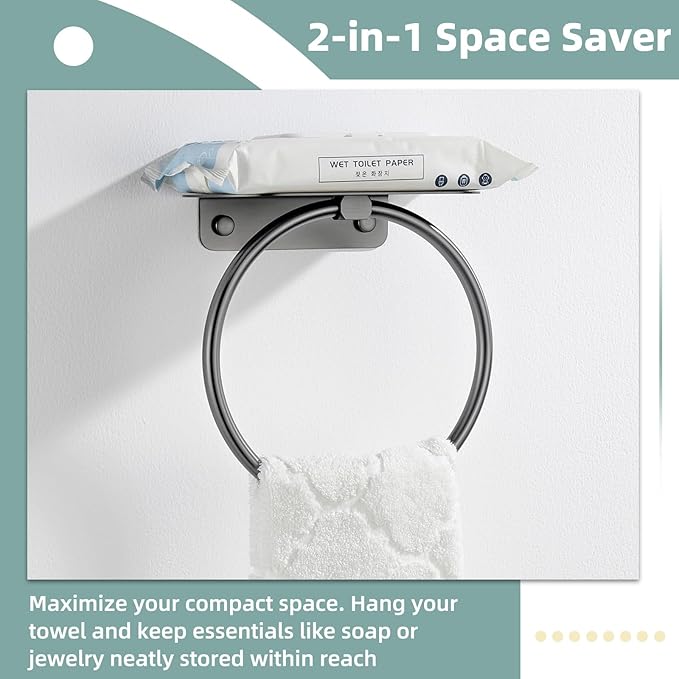 APLusee Gunmetal Gray Towel Ring with Shelf, 304 Stainless Steel Bathroom Towel Holder, Wall Mounted Swivel Loop for Kitchen Shower, Rustproof & Easy to Install