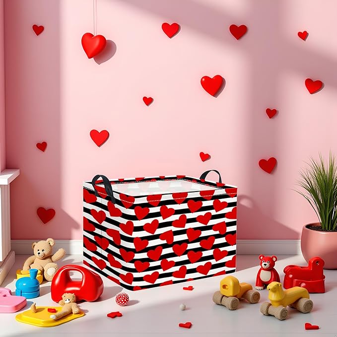 Rectangular Valentines Basket for Women Girls Storage Bin Organizer Box Shelf Room Decor(Black Red Heart)