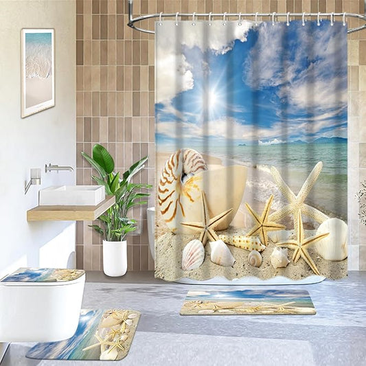 Lnond 4Pcs Summer Beach Shower Curtain Sets with Rugs, Starfish Shells Bathroom Sets with Shower Curtain and Rugs and Accessories