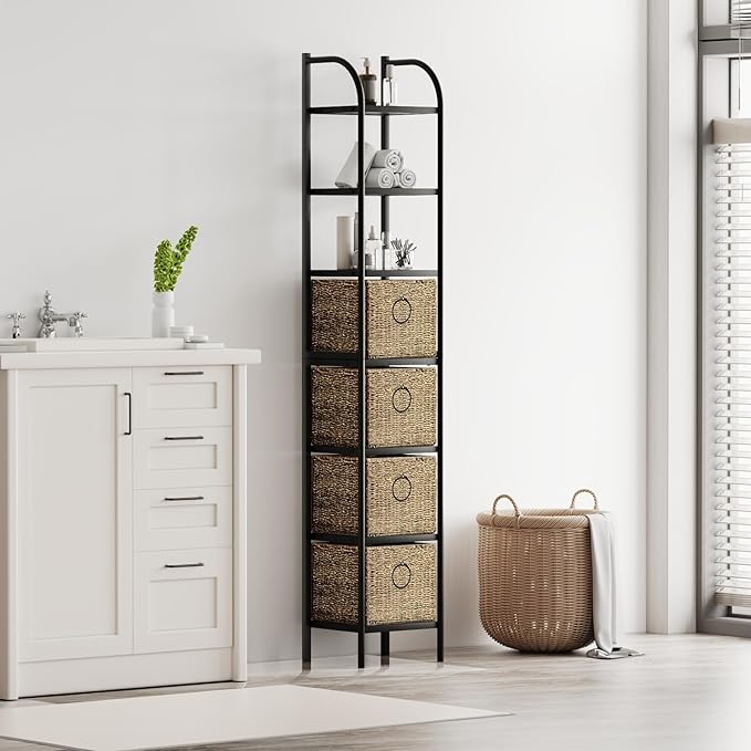 Zhongma Bathroom Storage Tower, 7-Tier Narrow Bookcase w/Baskets, Multifunctional Corner Shelving Unit for Living Room Bedroom