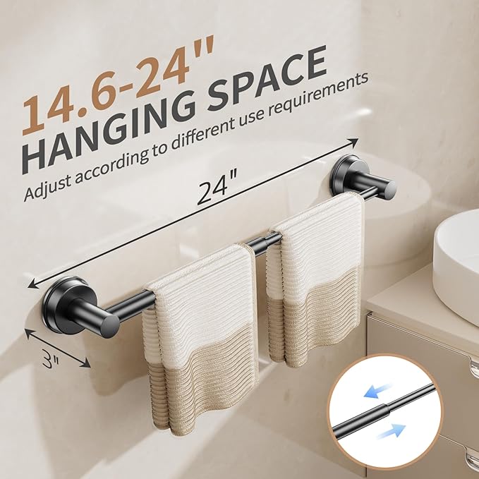 Adjustable Suction Cup Towel Bar for Bathroom Wall,14.6Inch~24 Inch Towel Racks for Bathroom, SUS304 Stainless Steel Bathroom Towel Holder,Bathroom Accessories Brushed Nickel Towel Rack (2pcs Black)