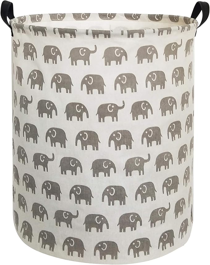 HIYAGON Canvas Storage Basket,Large Laundry Basket with Handles-Collapsible Storage Bin for Kids Room,Nersury Hamper,Toy Storage 19.7??15.7 (Grey Elephant)