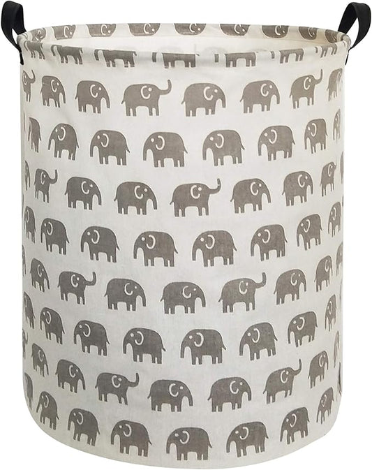 HIYAGON Canvas Storage Basket,Large Laundry Basket with Handles-Collapsible Storage Bin for Kids Room,Nersury Hamper,Toy Storage 19.7×15.7 (Grey Elephant)