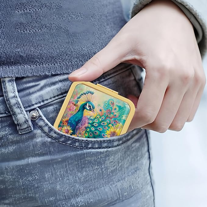 Mini Folding Mirror Square Compact, 2.8 in Small Portable Travel Makeup Mirror for Purse, Women Girls Travel Daily Use Gold Peacock