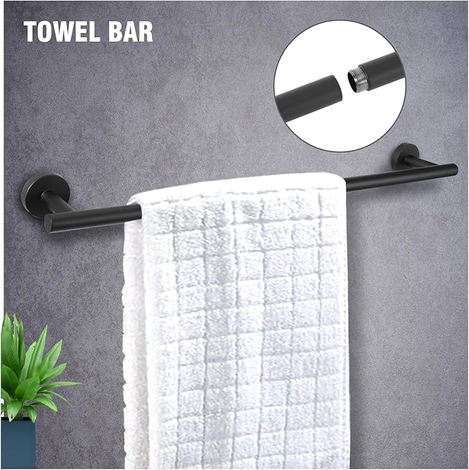 5-Piece Towel Racks for Bathroom, Stainless Steel Bathroom Accessories Set, Bathroom Towel Holder Wall Mounted, Sturdy Bath Towel Bar Set Bathroom Hardware Set (Matte Black, 2 Pillar Paper Holder)