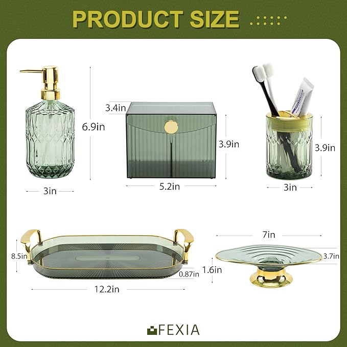 FEXIA Green Bathroom Accessories Set 5 Pcs Green Bathroom Decor with Decorative Vanity Tray for Boho Bathroom Decorations Soap Dispenser Toothbrush Holder Lotion Gifts for Women Home Apartment Decor