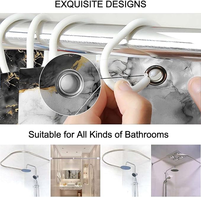 Lnond 4Pcs Bathroom Sets with Shower Curtain and Rugs, Marble Bathroom Shower Curtain Sets, Black White Gold Modern Art Bathroom Sets with Rugs and Accessories