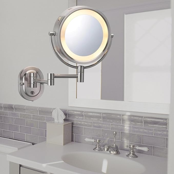 JERDON Wall-Mounted Makeup Mirror with 5X Magnification - Nickel Makeup Mirror with LED Lights - Plug in - HL65N