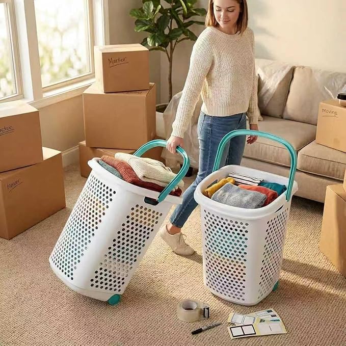 (2-Pack) 2 Bushels Wheeled Plastic Laundry Basket, Lightweight and Flexible, Equipped with Handles, Easy to Clean, Suitable for use in Homes, Dormitories, Bathrooms and Laundry Rooms.